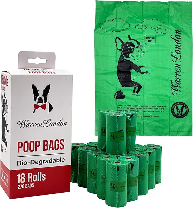 Warren London Poop Bags For Dogs & Pets | Earth Friendly Dog Poop Bags for Cleaning Pet Waste | Boston Terrier French Bulldog Pug | Box of 18 Rolls