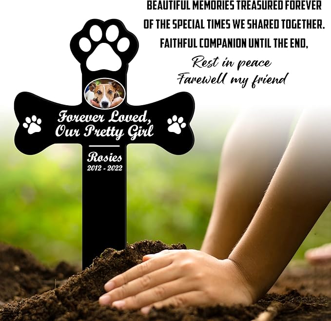 Personalized Pet Memorial Garden Stake Dog Paw Photo Grave Marker Cross Outdoor for Loss of Dogs and Cats Pet Remembrance Gifts Custom Plaque Stake Grief Funeral In Loving Memory Animal Cross