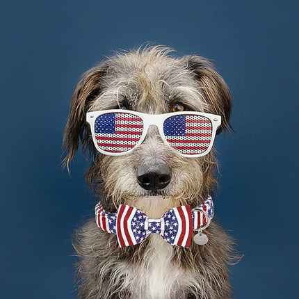 Dog Collar with Bow Tie, 4th of July Comfortable Cotton Dog Collar, American Flag Collar for Large Girl Boy Dog, Patriotic Bowtie Collar with Metal Buckle, L