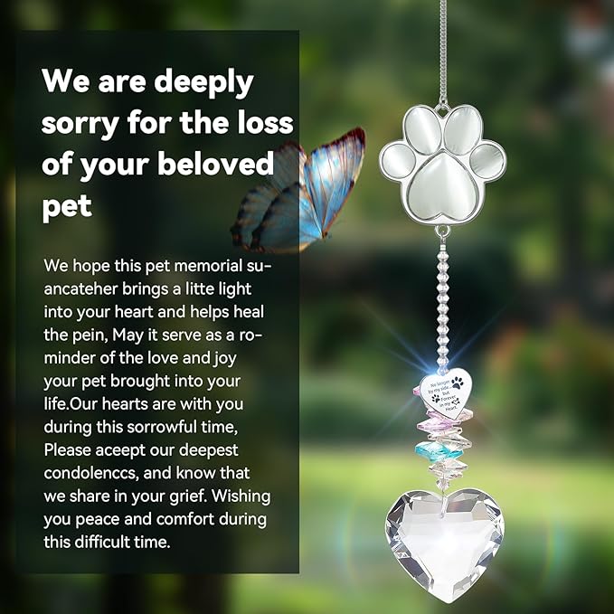 Pet Memorial Suncatcher - Loss of Dog Sympathy Gift, Pet Memorial Gifts for Dogs, Thoughtful Dogs and Cats Bereavement Remembrance Gifts, Gemstone Paw Crystal Suncatcher(White Stone)
