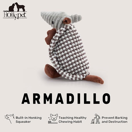Hollypet Plush Dog Squeaky Toy Stuffed Armadillo Animal Pet Puppy Chew Toys with Clean Teeth for Small Medium Large All Breed Sizes Dogs, White and Light Grey,8 in