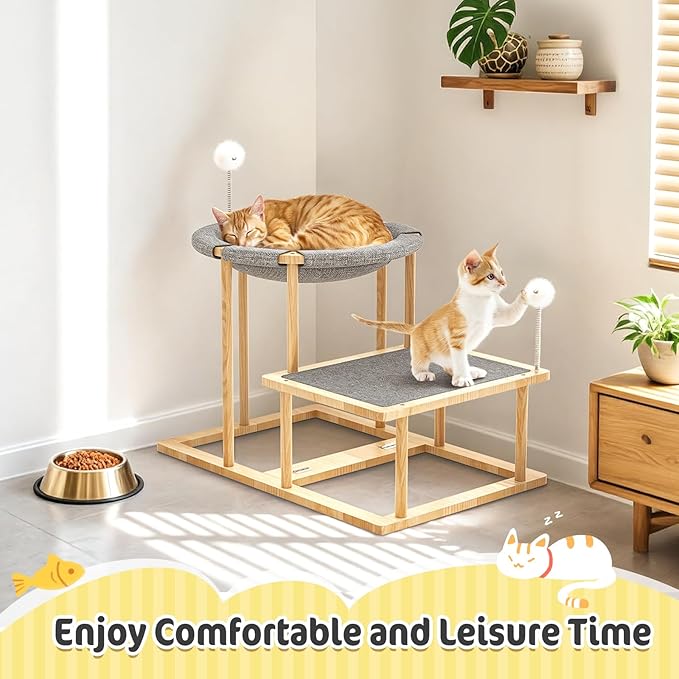 Pawaboo Elevated Cat Hammock Bed, 2-Tier Cats Bed with 2 Teasers, Wooden Cats Furniture with Kitten Scratching Mat,Double Cat Beds Interactive Stair Shaped Pet Hammock for Indoor Kitties Climbing