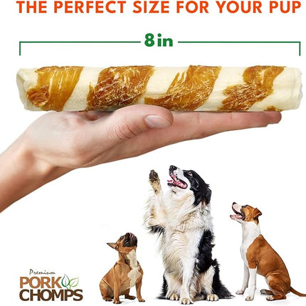 Pork Chomps Baked Pork Skin Dog Chews, 8-inch Rolls, Real Chicken Wrap, 2 Count