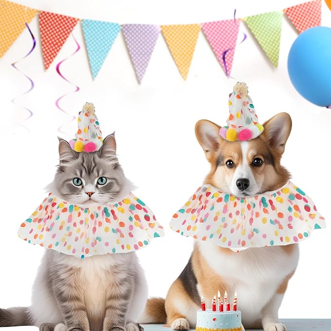 Cat Costume, Cat Birthday Bandana Scarf and Party Hat, Dog Birthday Decorations Set, Pet Outfit for Birthday Party Christmas, Medium