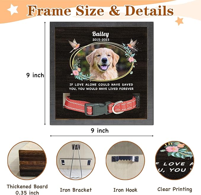 Pet Memorial Gifts Personalized Picture Frame for Loss of Dog, in Memory of Dog Passing Away Sympathy Gifts, Cat Memorial- Fits 3 Collar Lengths