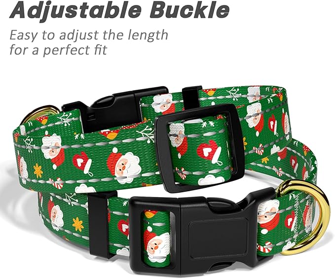 Reflective Dog Collar, Cute Christmas Style Dog Collars for Medium Dogs, Soft Nylon Puppy Collar for Boy and Girl Female Dog, Adjustable Heavy-Duty Pet Collar with Quick Release Buckle, Green