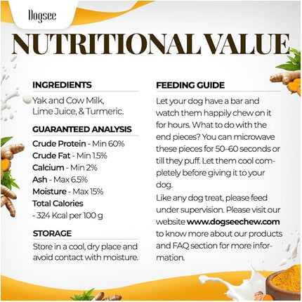 Dogsee Yak Cheese Himalayan Dog Chews with Turmeric 1lb (Large - 4 Bars) | 100% All Natural | Treats for Large Breed | Dog Chews Long Lasting for Joint Inflammation | High Protein | Dental Sticks