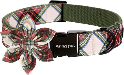 ARING PET Christmas Dog Collar, Cute Xmas Red Green Plaid Detachable Flower Pet Collar with Metal Buckle for Puppy Small Medium Large Boy Girl Dog-XS
