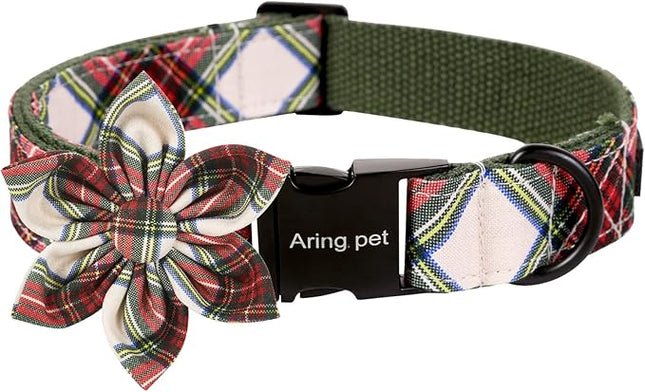 ARING PET Christmas Dog Collar, Cute Xmas Red Green Plaid Detachable Flower Pet Collar with Metal Buckle for Puppy Small Medium Large Boy Girl Dog-XS