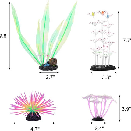 Glowing Fish Tank Decorations Plants, 4 pcs Aquarium Ornaments - Purple Coral, Rainbow Sea Urchin Ball/Small, Green Kelp, Pink Feather Coral