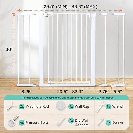 COMOMY 36" Extra Tall Baby Gate for Stairs Doorways, Fits Openings 29.5" to 48.8" Wide, Auto Close Extra Wide Dog Gate for House, Pressure Mounted Easy Walk Through Pet Gate with Door, White