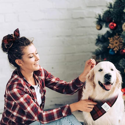 E-Clover Christmas Red Dog Bandanas & Matching Scrunchie Set Plaid Dog Scarf Bibs for Medium Large Dogs Girl Boy Pet Owner Gift Blue