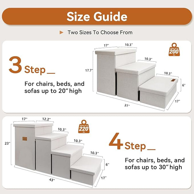 Dog Stairs with Storage 18" H, 3-Step Wider Dog Steps for Small/Medium/Large Old Dogs Cats, Folding Sturdy Pet Stairs Climbing Bed or Couch, Ramp for Car Up to 200 lbs (Beige, No Condo)
