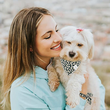 E-Clover Dog Bandanas & Matching Scrunchie Set Girl Dog Scarf Bibs with Bow Scrunchie for Small Dogs Puppy Pet Owner Gifts Flower Black