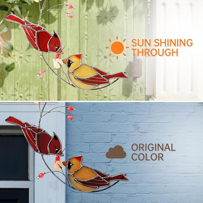 Handmade Cardinal Stained Glass Suncatcher Window Hanging Ornament for Christmas,Mother’s Day,Memorial Gifts,Red Birds Sun Catcher Decorative for Women, Mom, Grandma,Real Glass Unique Design