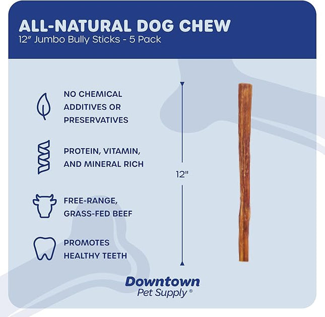 Downtown Pet Supply Jumbo Bully Sticks for Dogs - Natural Beef Chews, Low-Odor & Rawhide-Free, Long Lasting Dog Treats for Aggressive Chewers - Healthy, Safe & Delicious Chews Dogs Love (12" 5 Pack)