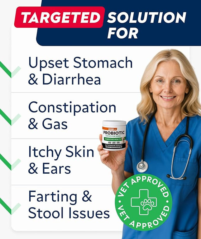 STRELLALAB Dog Probiotics for Digestive Health & Enzymes - Diarrhea, Gas, Upset Stomach Relief & Season Allergy - Pet Probiotics for Dogs- Chews for Digestion - Gut Health for Dogs (60Ct)