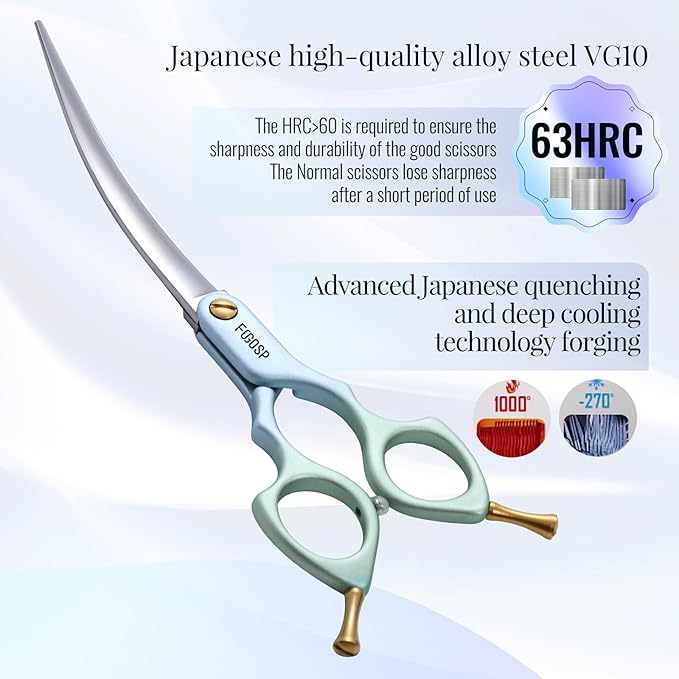 Professional Curved Dog Grooming Scissors with Sharper Self Grinding lightweight and finely trimmed split structure 6.5'' Japan VG10 63HRC for small dogs cat pet(Blue&Green)