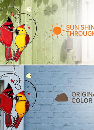 Cardinal Suncatchers Stained Glass for Windows Hangings,Male & Female Cardinal Stained Glass Sun Catchers, Red Love Birds Home Ornament,Gifts for Women