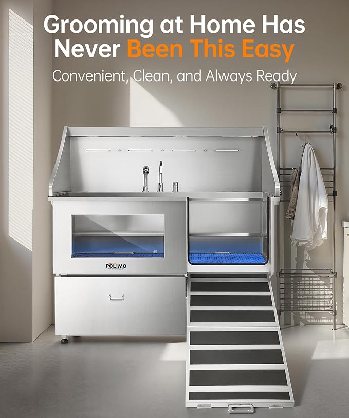 POLIMO Dog Washing Station, LED Professional Stainless Steel Dog Bathing Station 61", Dog Grooming Tub for Large, Medium & Small Dog - with Window, Ramp, Drawer, Floor Grate & Faucet (Right RAMP, 61")