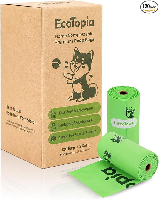 Tear-Free Biodegradable Poop Bags for Dogs,120 Compostable Dog Waste Bags Rolls,Eco-Friendly,Extra Thick,Leakproof,Unscented,Plant-based,ASTM D6400 & EN 13432 Compliant,Light Green
