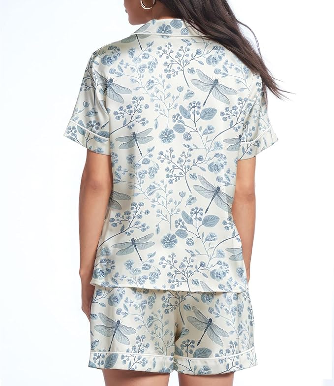 Women’s Silk Satin Pajama Set, Short Sleeve Button Down 2 Piece PJs with Shorts, Cozy Loungewear & Matching Holiday Pajamas