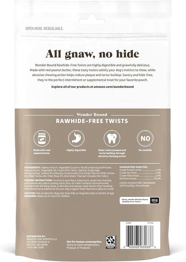 Amazon Brand - Wonder Bound Peanut Butter Flavor Rawhide Free Twists Dog Treats, Long-Lasting, Easily Digestible Dental Health Chews, 55 Count, 12 Ounces (Pack of 2)