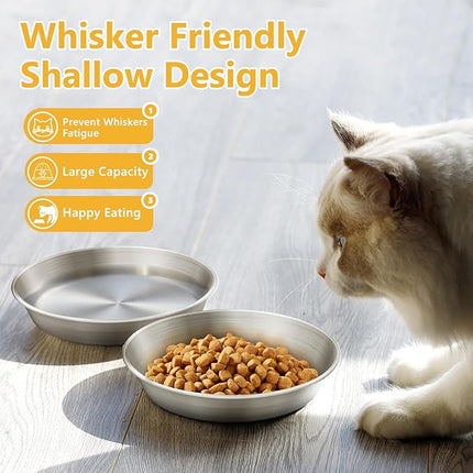 6-Pack Stainless Steel Cat Food Bowls, Shallow Whisker-Friendly Non-Slip Silicone Base Metal Dishes, Easy to Clean Indoor Water Flat Plates for Cat, Kitten, Small Dog (5.9")