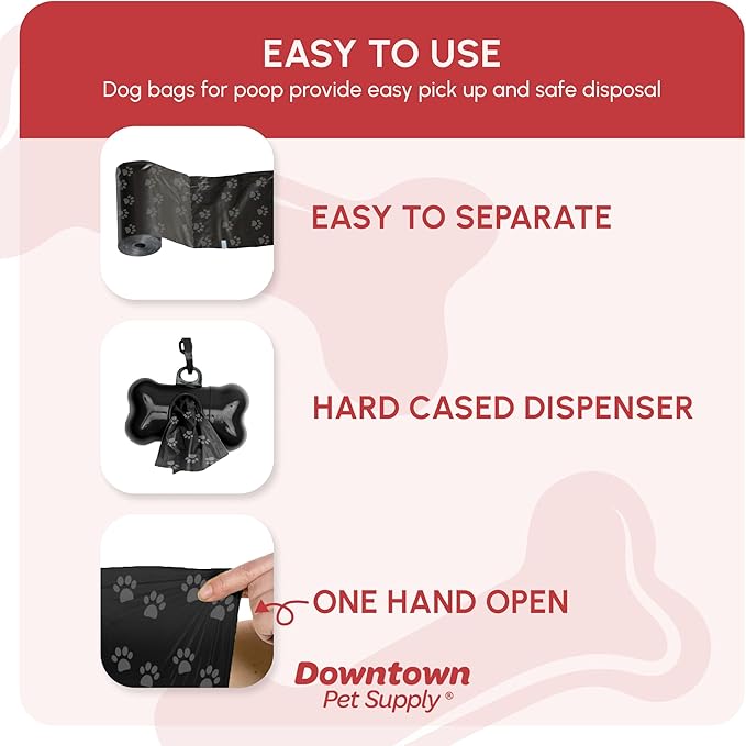 Downtown Pet Supply Poop Bags for Dogs with Dispenser, 180 Count - Leak-Proof Dog Waste Bags and Bone-Shaped Dog Poop Bags Holder for Leash - Black with Paw Prints, 12.5" x 8.5"