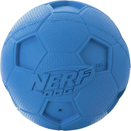 Nerf Dog Soccer Ball Dog Toy with Interactive Squeaker, Lightweight, Durable and Water Resistant, 2.5 Inches, For Medium/Large Breeds, Two Pack, Blue and Red
