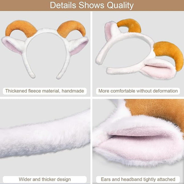 Beviliu Goat Ears Headband with Ram Horns, Animals Ears and Horns Headband, Sheep Ears Custome Lamb Ears Headwear for Halloween Christmas Birthday Party Theme Cosplay, 4Pack