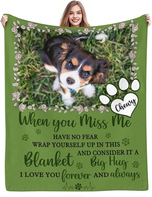 Custom Pet Memorial Blanket with Photo,Personalized Dog/Cat Loss Sympathy Gift,Pet Loss Bereavement Remembrance Gifts,Flannel Throw Blanket with Pictures (Dark Green)