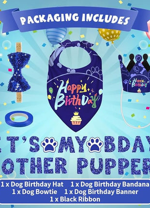 Birthday Bandana Hat Set - Dog Party Supplies with Cute Bow Tie and Birthday Banner for Small, Medium & Large Dogs