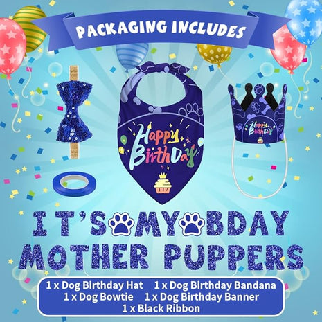 Birthday Bandana Hat Set - Dog Party Supplies with Cute Bow Tie and Birthday Banner for Small, Medium & Large Dogs