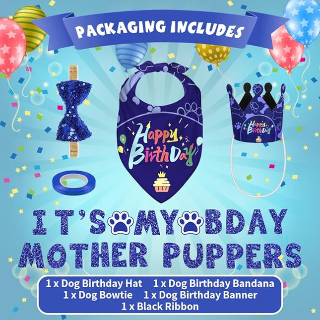 Birthday Bandana Hat Set - Dog Party Supplies with Cute Bow Tie and Birthday Banner for Small, Medium & Large Dogs