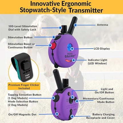 Educator E-Collar Humane Dog Training Collar with Remote, 100 Safe Tapping Stimulation Levels, Night Light, Waterproof, Rechargeable, 1/3 Mile 2 Small Dogs Double Bungee Bundle, Purple
