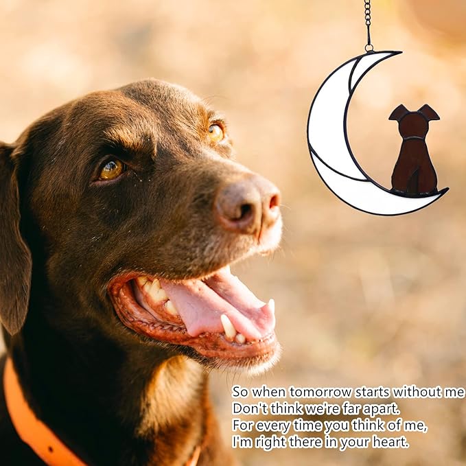 Stained Glass Window Hangings Pet Dog Memorial Gifts for Dog Lovers, A Brown Dog Decor on Moon Suncatchers, Loss of Dog Sympathy Gift, Dog Remembrance Gifts in Memory of Dog(Brown)