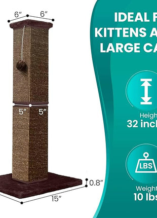 Cat Scratching Post 32 Inch for Indoor Large Cats and Kitten, Nature Sisal Tall Cat Scratch Post, Sisal Cat Scratcher Improve Cat's Scratching Habits and Protect Your Furniture, Full Brown