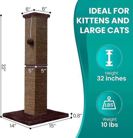 Cat Scratching Post 32 Inch for Indoor Large Cats and Kitten, Nature Sisal Tall Cat Scratch Post, Sisal Cat Scratcher Improve Cat's Scratching Habits and Protect Your Furniture, Full Brown