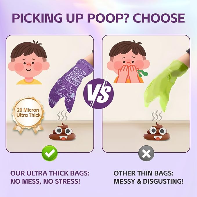 270 Count Scented Dog Poop Bags Rolls, 20 Micron Ultra Thick, Heavy Duty Tear Resistant Leak Proof for Yuck-Free Cleanup, Includes Dispenser & Leash Clip, 9 x 13 Inch, Duty Doodle (Purple)