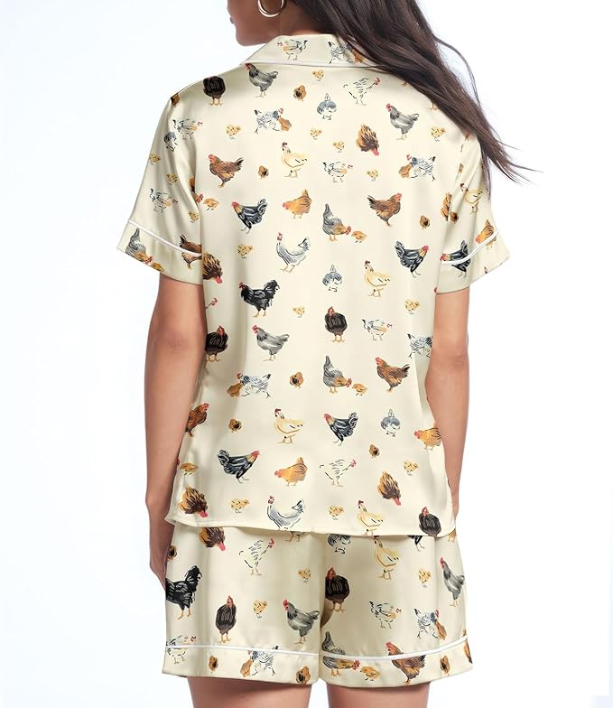 Women’s Silk Satin Pajama Set, Short Sleeve Button Down 2 Piece PJs with Shorts, Cozy Loungewear & Matching Holiday Pajamas