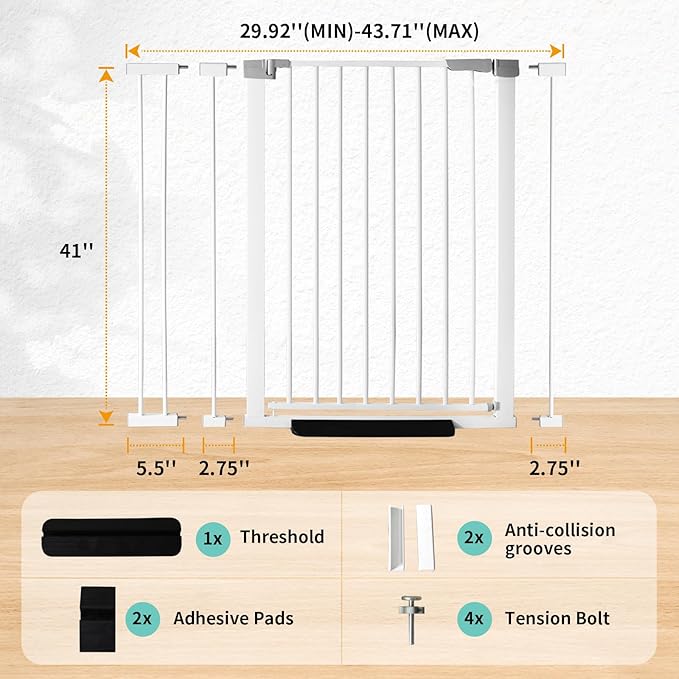 41 Inch Tall Baby Gate Auto Close Dog Gate Adjustable 29.92"-43.71" Wide Pressure Mounted Walk Through Swing Pet Gate for Doorways (White, 29.92"-43.71" Wide)
