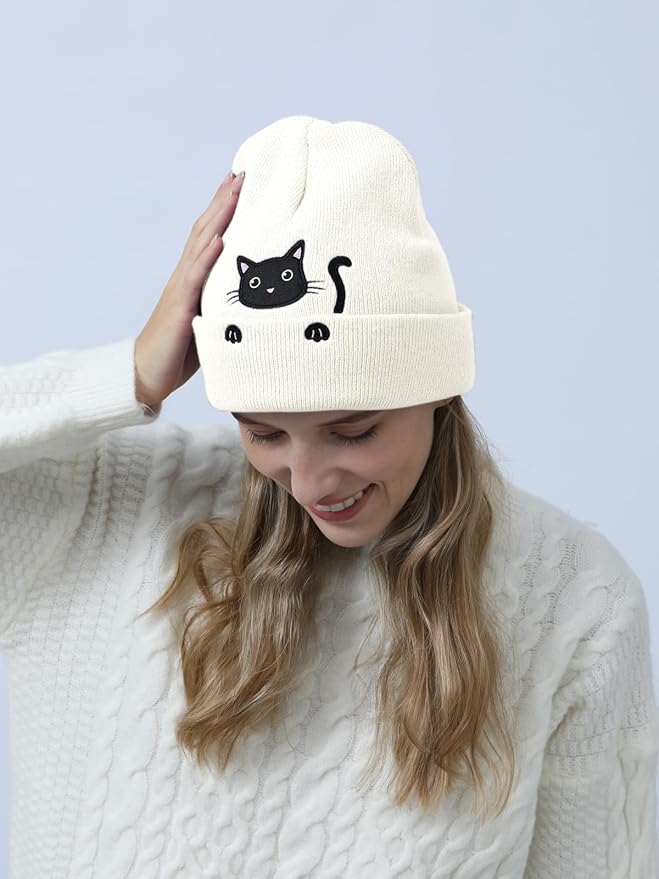 Women’s Cat Beanie Cute Cat Lover Gifts Animal Knitted Hats Christmas Stocking Stuffers for Women Girls