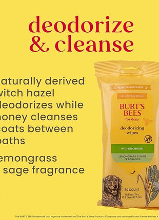 Burt's Bees for Pets Deodorizing Wipes with Witch Hazel, 95% Natural Origin Formulas, Odor Control Dog Wipes - Gentle Dog Deodorizing Wipes, Lemongrass and Sage Fragrance 50ct
