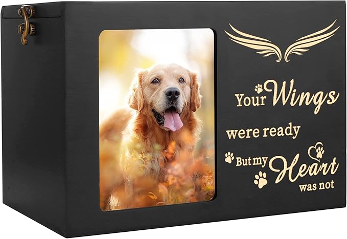 DGDCDV Large Pine Wood Pet Memorial Urns for Dog or Cat Ashes with Black Flannel Lining, Photo Frame, Wings Pattern, 140 Cubic Inches Capacity