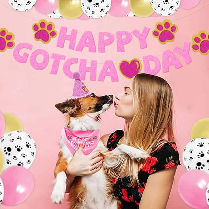 Happy Gotcha Day Dog Bandana- Dog Birthday Party Supplies Boy Girl Gotcha Day Triangle Scarf with Hat Banners Balloons It’s My Gotcha Day Bibs Adoption Party Decor for Small Large Dogs-Pink