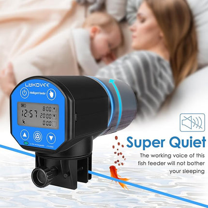 Lukovee Automatic Fish Feeder,New Generation Feeding Time Display USB Rechargeable Timer Moisture-Proof Aquarium or Fish Tank Food Dispenser with 200ML Large Capacity for Vacation Weekend Holiday,Blue