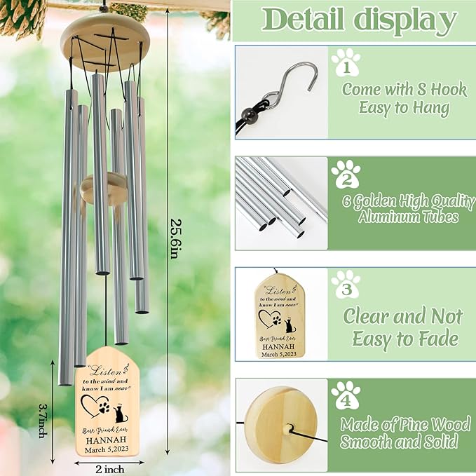 Pet Memorial Gifts, PEMIRSAYO Personalized Pet Memorial Wind Chime - Gifts for Loss of Cat - Remembrance Bereavement Gifts for Loss of Cat - Loss Pet Gifts Cat