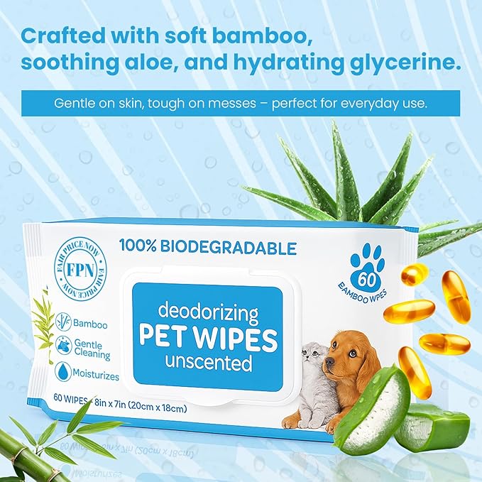 FPN Pet Wipes 240 Pcs – Unscented Bamboo Grooming Wipes for Dogs & Cats Cleaning – No Alcohol or No Harsh Chemicals – Soft – 7x8 in 60 x 4