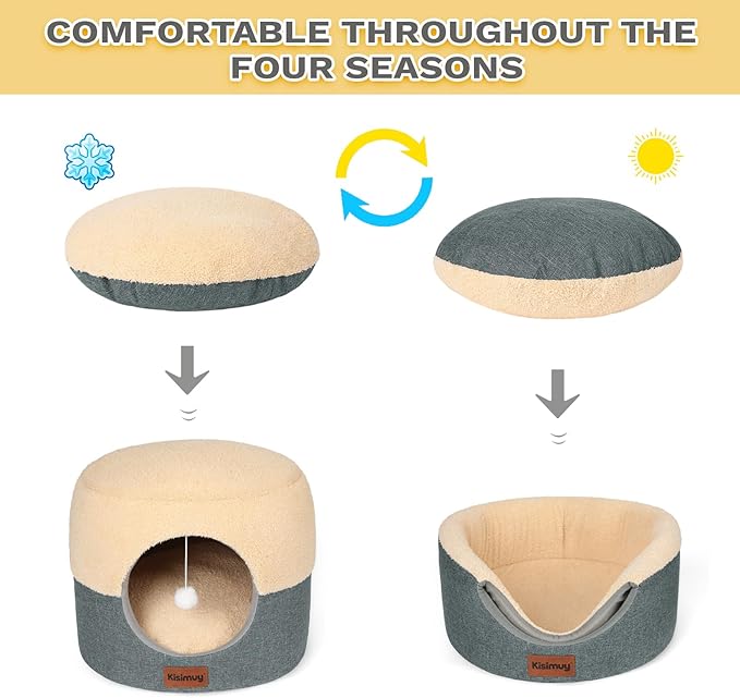 KISIMIUY Round Cat Beds for Indoor Cats, 2-in-1 Cat Cave Bed, Calming Anti-Anxiety Foldable Pet House,Cozy Durable Ultra-Soft Plush & Anti-Slip Bottom for Kittens and Small Dogs Puppy,15.7 inches